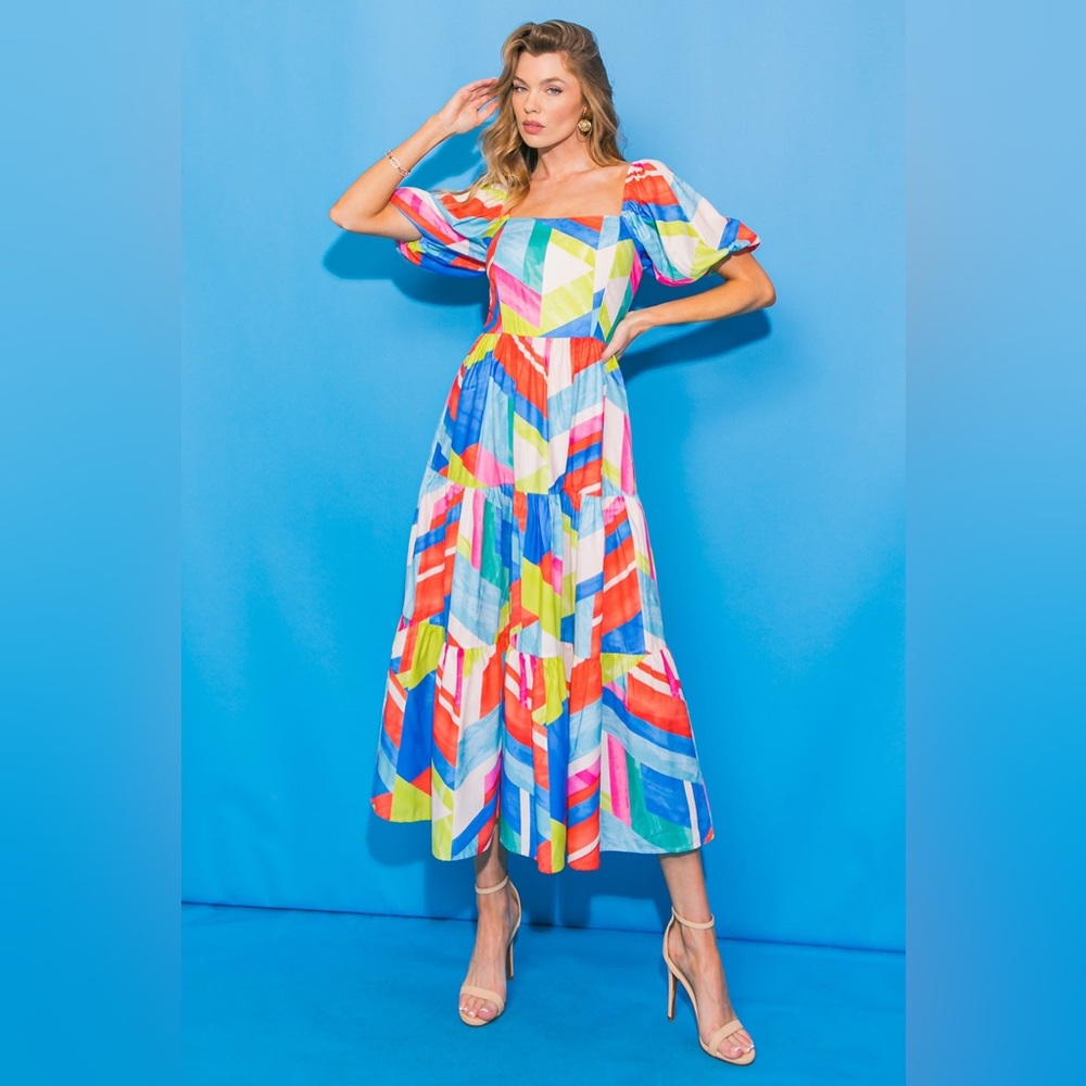 Bright Geometric Midi Dress in Multicolor